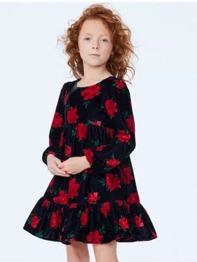 Janie and Jack Black Velvet Dress with Red Rose Print Sz 14